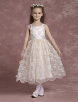 Blumenmädchen Kleider Prinzessin Champagner Abendkleider für Hochzeit wadenlang viereckiger Ausschnitt Spitze mit Reißverschluss