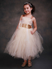 Blumenmädchen Kleider Prinzessin Champagner Abendkleider für Hochzeit wadenlang viereckiger Ausschnitt Tüll ärmellos kleid blumenmädchen