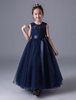 Blumenmädchen Kleider Prinzessin Dunkelmarineblau Abendkleider für Hochzeit knöchellang mit Rundkragen gemischten Baumwollen ärmellos