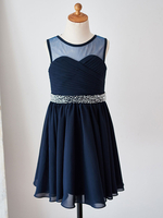 Blumenmädchen Kleider Prinzessin Dunkelmarineblau Abendkleider für Hochzeit knielang mit Rundkragen Chiffon ärmellos kleid blumenmädchen