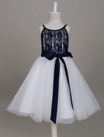 Blumenmädchen Kleider Prinzessin Dunkelmarineblau Abendkleider für Hochzeit knielang mit Rundkragen Tüll ärmellos kleid blumenmädchen