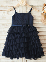 Blumenmädchen Kleider Prinzessin Dunkelmarineblau Abendkleider für Hochzeit knielang viereckiger Ausschnitt Tüll ärmellos kleid blumenmädchen