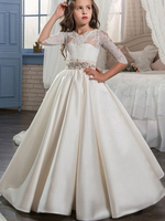 Blumenmädchen Kleider Prinzessin Elfenbeinfarbe Abendkleider für Hochzeit bodenlang V-Ausschnitt Satingewebe 1/2 Ärmel kleid blumenmädchen
