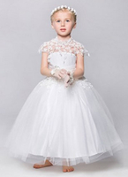 Blumenmädchen Kleider Prinzessin Elfenbeinfarbe Abendkleider für Hochzeit knöchellang Designender Ausschnitt Satingewebe Kurzarm