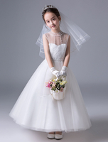 Blumenmädchen Kleider Prinzessin Elfenbeinfarbe Abendkleider für Hochzeit knöchellang Halskragen Hochzeit Satingewebe ärmellos