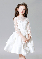 Blumenmädchen Kleider Prinzessin Elfenbeinfarbe Abendkleider für Hochzeit knielang mit Bateau-Kragen Satingewebe 3/4 Ärmel kleid blumenmädchen