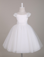 Blumenmädchen Kleider Prinzessin Elfenbeinfarbe Abendkleider für Hochzeit knielang mit Bateau-Kragen Tüll ärmellos kleid blumenmädchen