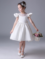Blumenmädchen Kleider Prinzessin Elfenbeinfarbe Abendkleider für Hochzeit knielang mit Rundkragen Satingewebe Kurzarm kleid blumenmädchen