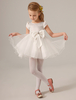 Blumenmädchen Kleider Prinzessin Elfenbeinfarbe Abendkleider für Hochzeit Mini-Kleid mit Rundkragen Organza ärmellos kleid blumenmädchen