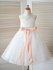 Blumenmädchen Kleider Prinzessin Elfenbeinfarbe Abendkleider für Hochzeit wadenlang mit Rundkragen Hochzeit Satingewebe ärmellos