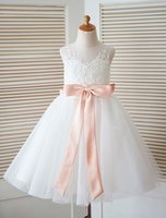 Blumenmädchen Kleider Prinzessin Elfenbeinfarbe Abendkleider für Hochzeit wadenlang mit Rundkragen Hochzeit Satingewebe ärmellos
