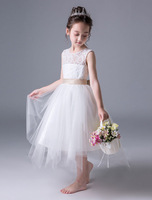 Blumenmädchen Kleider Prinzessin Elfenbeinfarbe Abendkleider für Hochzeit wadenlang mit Rundkragen Hochzeit Satingewebe ärmellos