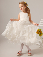 Blumenmädchen Kleider Prinzessin Elfenbeinfarbe Abendkleider für Hochzeit wadenlang mit Rundkragen Organza ärmellos kleid blumenmädchen
