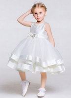 Blumenmädchen Kleider Prinzessin Elfenbeinfarbe Abendkleider für Hochzeit wadenlang mit Rundkragen Organza ärmellos kleid blumenmädchen