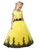 Blumenmädchen Kleider Prinzessin Gelb Abendkleider für Hochzeit bodenlang mit Rundkragen Hochzeit Tüll ärmellos kleid blumenmädchen