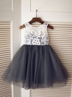 Blumenmädchen Kleider Prinzessin Grau Abendkleider für Hochzeit knielang mit Rundkragen Hochzeit Tüll ärmellos kleid blumenmädchen und Reißverschluss