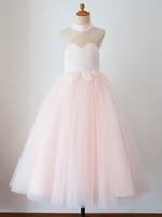 Blumenmädchen Kleider Prinzessin Hellrosa Abendkleider für Hochzeit bodenlang Halskragen Hochzeit Tüll ärmellos kleid blumenmädchen