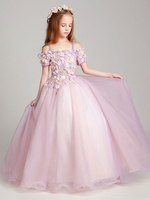 Blumenmädchen Kleider Prinzessin Hellrosa Abendkleider für Hochzeit bodenlang mit Carmenausschnitt Organza Kurzarm kleid blumenmädchen