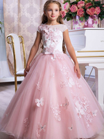 Blumenmädchen Kleider Prinzessin Hellrosa Abendkleider für Hochzeit knöchellang mit Bateau-Kragen Hochzeit Tüll ärmellos kleid blumenmädchen
