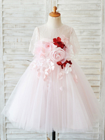 Blumenmädchen Kleider Prinzessin Hellrosa Abendkleider für Hochzeit knielang mit Rundkragen Hochzeit Tüll Kurzarm kleid blumenmädchen Knöpfe