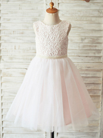 Blumenmädchen Kleider Prinzessin Hellrosa Abendkleider für Hochzeit knielang mit Rundkragen Hochzeit Tüll ärmellos kleid blumenmädchen