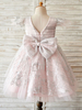 Blumenmädchen Kleider Prinzessin Hellrosa Abendkleider für Hochzeit knielang mit Rundkragen und Pailletten bestickt Kurzarm kleid blumenmädchen