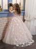 Blumenmädchen Kleider Prinzessin Hellrosa Abendkleider für Hochzeit mit Schleppe und Rundkragen Hochzeit Tüll Langarm kleid blumenmädchen Knöpfe
