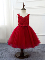 Blumenmädchen Kleider Prinzessin Kastanienbraun Abendkleider für Hochzeit knielang mit Rundkragen Tüll ärmellos kleid blumenmädchen