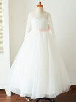 Blumenmädchen Kleider Prinzessin milchweiß Abendkleider für Hochzeit bodenlang mit Rundkragen Hochzeit Tüll Langarm kleid blumenmädchen