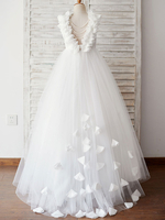 Blumenmädchen Kleider Prinzessin milchweiß Abendkleider für Hochzeit bodenlang mit Rundkragen Hochzeit Tüll ärmellos kleid blumenmädchen