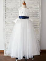 Blumenmädchen Kleider Prinzessin milchweiß Abendkleider für Hochzeit bodenlang mit Rundkragen Satingewebe ärmellos kleid blumenmädchen
