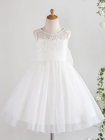 Blumenmädchen Kleider Prinzessin milchweiß Abendkleider für Hochzeit knielang mit Rundkragen Hochzeit Netz ärmellos kleid blumenmädchen