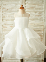 Blumenmädchen Kleider Prinzessin milchweiß Abendkleider für Hochzeit knielang mit Rundkragen Hochzeit Organza ärmellos kleid blumenmädchen