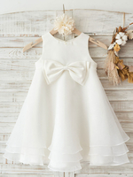 Blumenmädchen Kleider Prinzessin milchweiß Abendkleider für Hochzeit knielang mit Rundkragen Hochzeit Organza ärmellos kleid blumenmädchen
