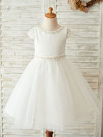 Blumenmädchen Kleider Prinzessin milchweiß Abendkleider für Hochzeit knielang mit Rundkragen Hochzeit Satingewebe Kurzarm kleid blumenmädchen Knöpfe