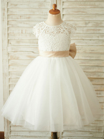 Blumenmädchen Kleider Prinzessin milchweiß Abendkleider für Hochzeit knielang mit Rundkragen Hochzeit Tüll Kurzarm kleid blumenmädchen