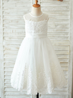 Blumenmädchen Kleider Prinzessin milchweiß Abendkleider für Hochzeit knielang mit Rundkragen Hochzeit Tüll ärmellos kleid blumenmädchen