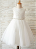 Blumenmädchen Kleider Prinzessin milchweiß Abendkleider für Hochzeit knielang mit Rundkragen Hochzeit Tüll ärmellos kleid blumenmädchen