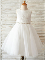 Blumenmädchen Kleider Prinzessin milchweiß Abendkleider für Hochzeit knielang mit Rundkragen Hochzeit Tüll ärmellos kleid blumenmädchen