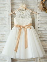 Blumenmädchen Kleider Prinzessin milchweiß Abendkleider für Hochzeit knielang mit Rundkragen Hochzeit Tüll ärmellos kleid blumenmädchen