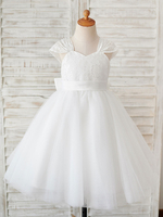 Blumenmädchen Kleider Prinzessin milchweiß Abendkleider für Hochzeit knielang mit Rundkragen Hochzeit Tüll ärmellos kleid blumenmädchen