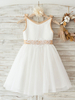 Blumenmädchen Kleider Prinzessin milchweiß Abendkleider für Hochzeit knielang mit Rundkragen Satingewebe ärmellos kleid blumenmädchen