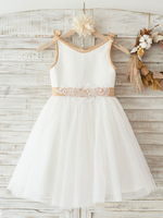 Blumenmädchen Kleider Prinzessin milchweiß Abendkleider für Hochzeit knielang mit Rundkragen Satingewebe ärmellos kleid blumenmädchen