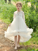 Blumenmädchen Kleider Prinzessin milchweiß Abendkleider für Hochzeit mit unsymmetrischem Design und Rundkragen Tüll Langarm kleid blumenmädchen
