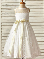 Blumenmädchen Kleider Prinzessin milchweiß Abendkleider für Hochzeit wadenlang mit Rundkragen Hochzeit Tüll ärmellos kleid blumenmädchen