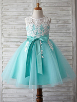 Blumenmädchen Kleider Prinzessin Pastellblau Abendkleider für Hochzeit knielang mit Rundkragen Hochzeit Tüll ärmellos kleid blumenmädchen