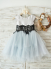 Blumenmädchen Kleider Prinzessin Pastellblau Abendkleider für Hochzeit knielang mit Rundkragen Satingewebe Kurzarm kleid blumenmädchen