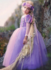 Blumenmädchen Kleider Prinzessin purpurviolett Abendkleider für Hochzeit bodenlang Designender Ausschnitt Hochzeit Velours Langarm