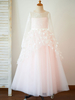 Blumenmädchen Kleider Prinzessin Rosa Abendkleider für Hochzeit bodenlang mit Rundkragen Hochzeit Tüll Langarm kleid blumenmädchen und Reißverschluss