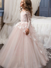 Blumenmädchen Kleider Prinzessin Rosa Abendkleider für Hochzeit bodenlang mit Rundkragen Hochzeit Tüll Langarm kleid blumenmädchen und Schnürung